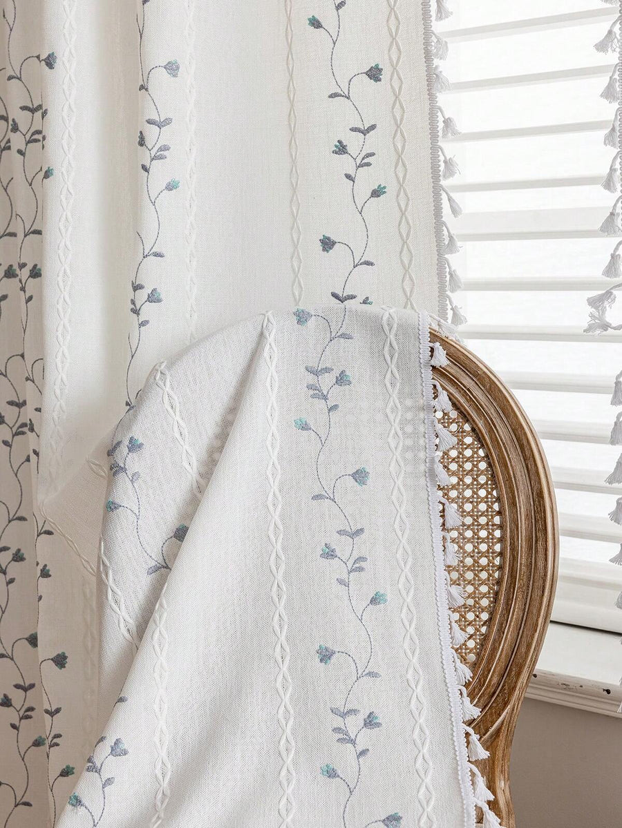 1pc Bohemian Embroidered Floral Tassel Curtain, 3D Crochet Geometric Striped Kitchen Curtain, Doorway, Room Divider, Sheer Curtain Suitable For Bedroom, Living Room, Kitchen, Study, Balcony, Bay Window, Garden Decor, All Season Home Decor