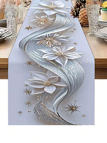 1pc Silver-White Shiny Floral Decor With Silver Wavy Element Star Pattern Tablecloth, Minimalist Yet Elegant, Whole Design Creates Festive Christmas Atmosphere, Size: 33x90/120/160/183/200cm
