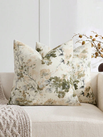 1pc/2pcs Olive Green (No Insert) Vintage Botanical Floral Pattern Throw Pillow Cover, Jacquard Chenille + Faux Cashmere Pillow Cover, Daily Home Decor, Sofa, Bed, Bedroom, Souvenir, Holiday Decor, Spring Summer Autumn Winter, Aesthetic Home